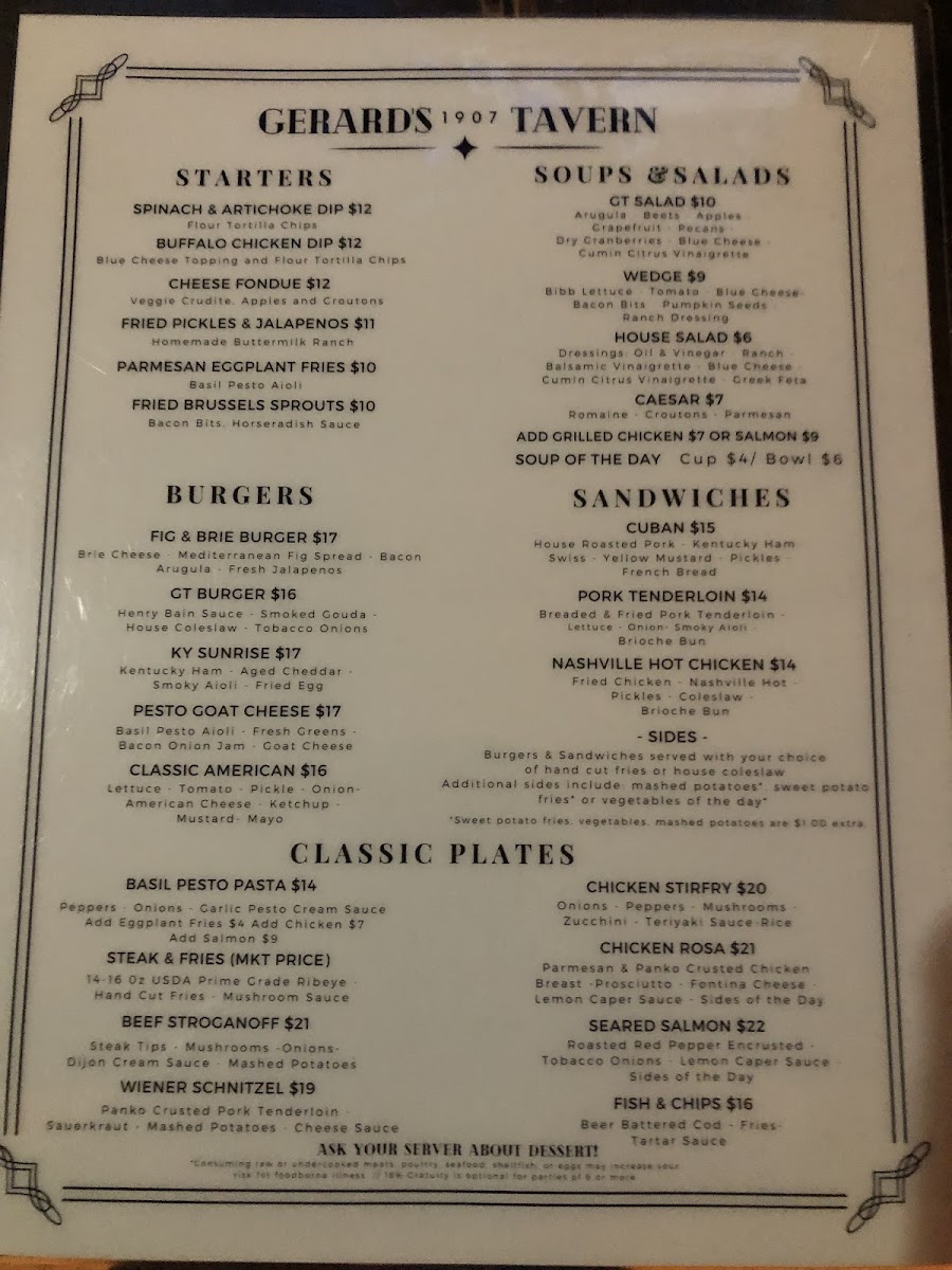 Menu - Gerard's 1907 Tavern photo 1