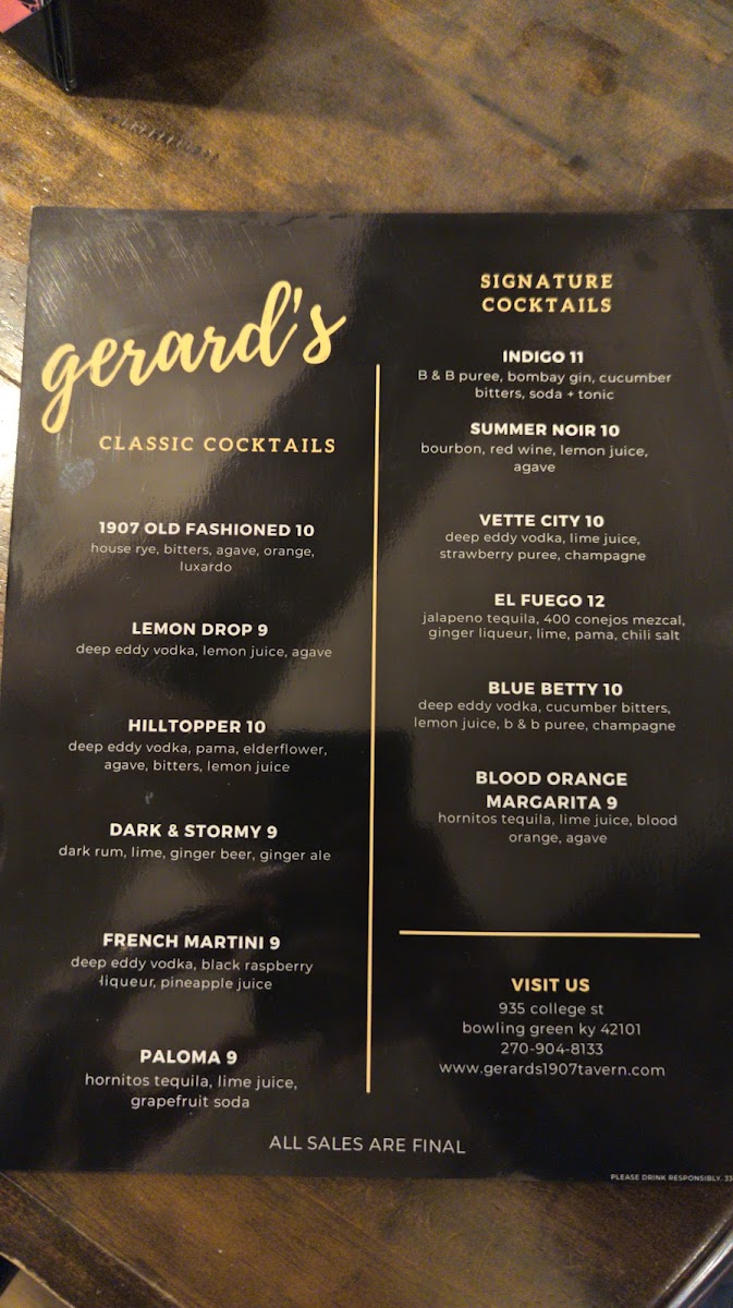 Menu - Gerard's 1907 Tavern photo 3