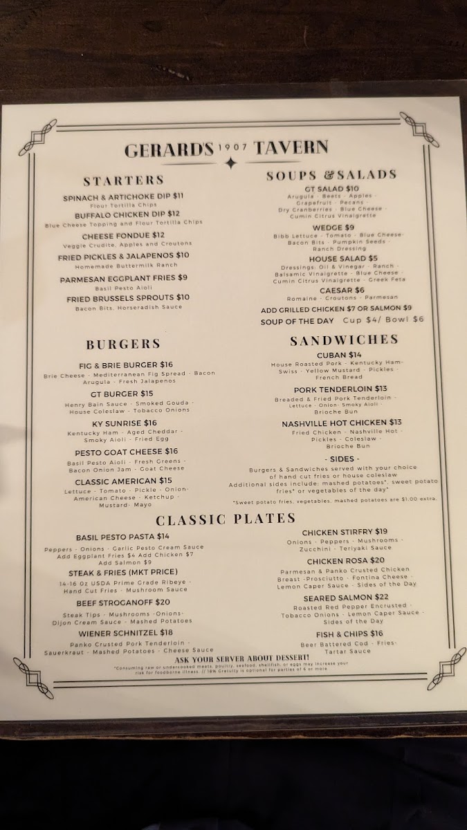 Menu - Gerard's 1907 Tavern photo 4