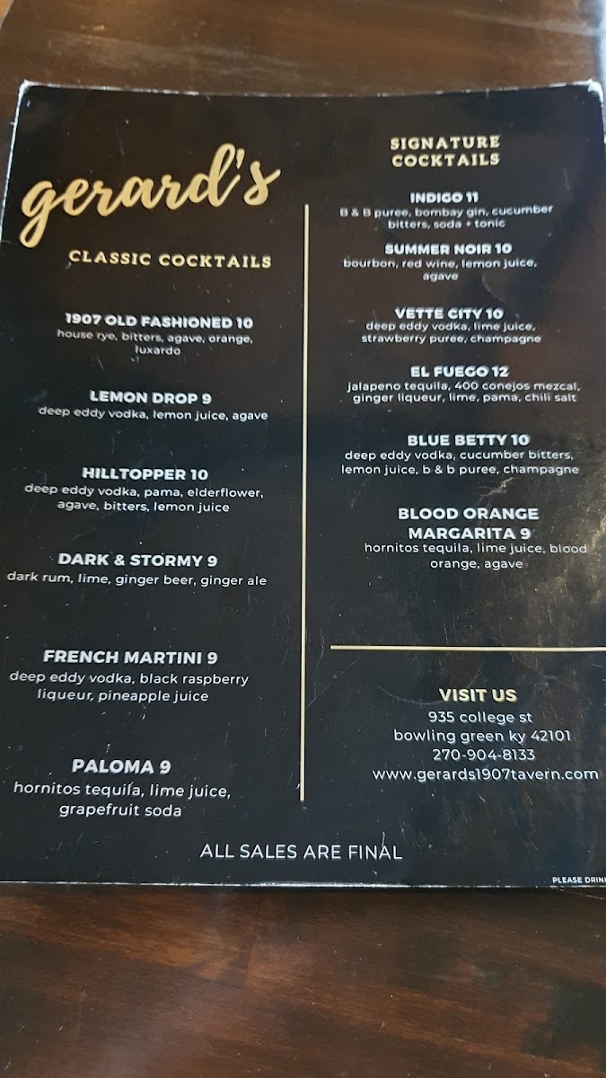 Menu - Gerard's 1907 Tavern photo 6